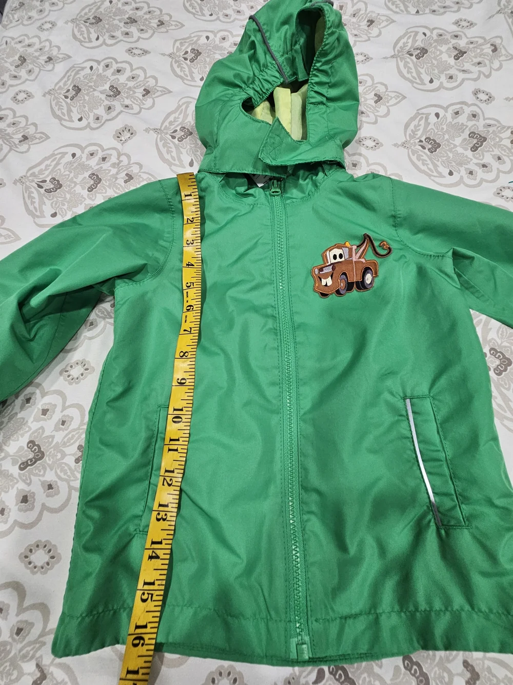 Kids Hooded Rain Jacket with Tow Truck Patch - Green